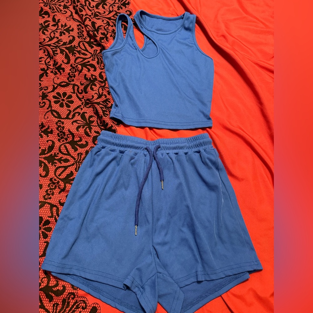 SHEIN Royal Blue Ribbed Crop Tank & Shorts Set